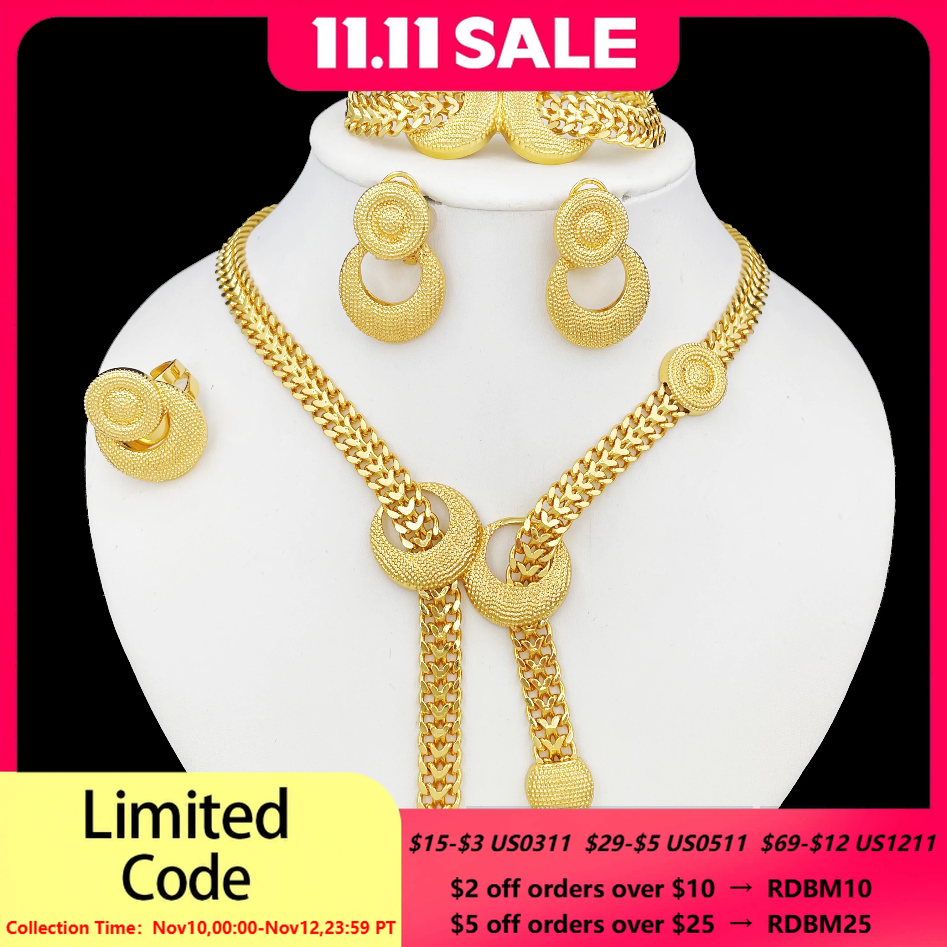 

Dubai Gold Color Jewelry Set For Women Classic Bow Design 18K Gold Plated Necklace Set Earrings Bracelet And Ring Trending