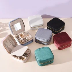 Portable Jewelry Storage Box with Mirror Zipper Square Boxes Earrings Necklace Ring Jewelry Organizer Display for Travel