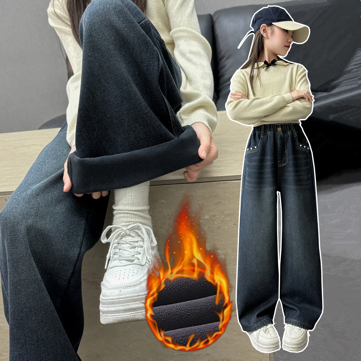 الفتيات موضة الديكور جيب الشتاء الدافئة الدنيم السراويل 2026 جديد الأطفال معزول الجينز للأطفال صوف مبطن الجينز بنطلون #2