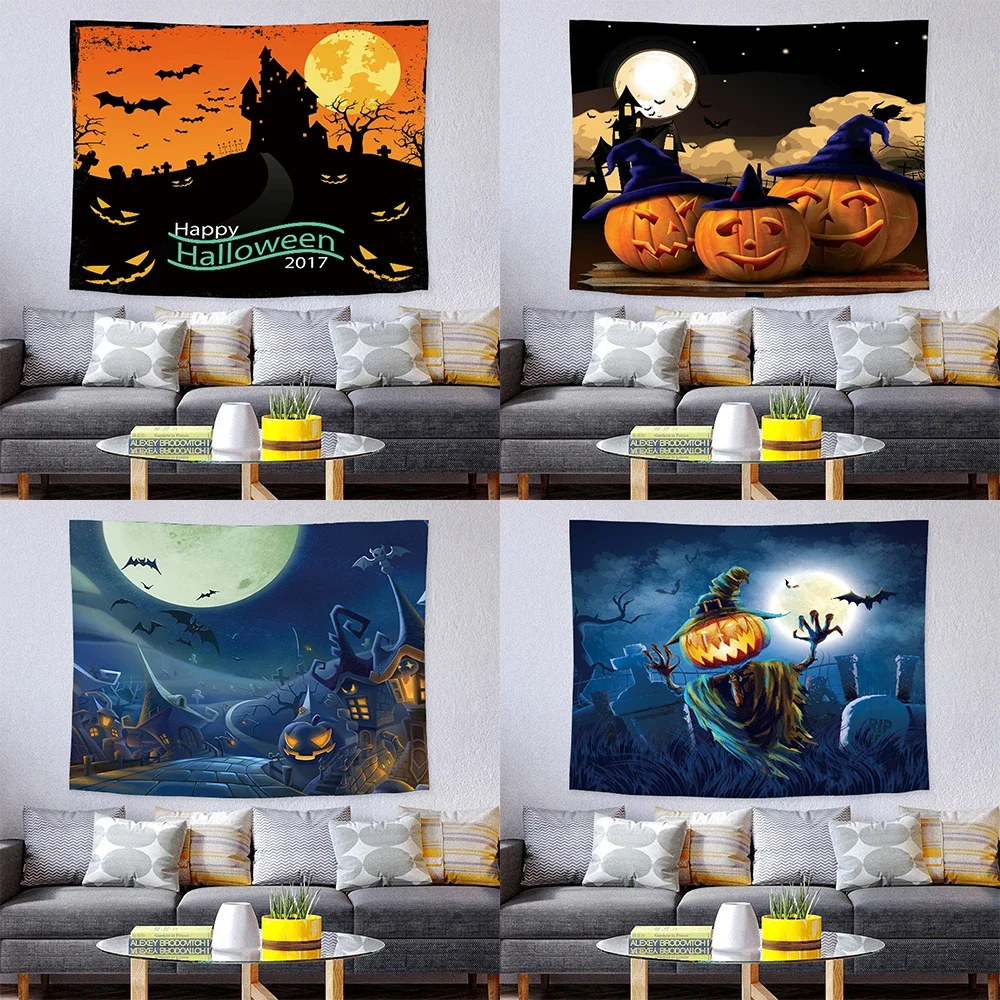 Hanging Scary Halloween Pumpkin Skull and Witch Dead Tree Baton Creepy Moon Knight Tapestry for Living Room Bedroom Dorm Home