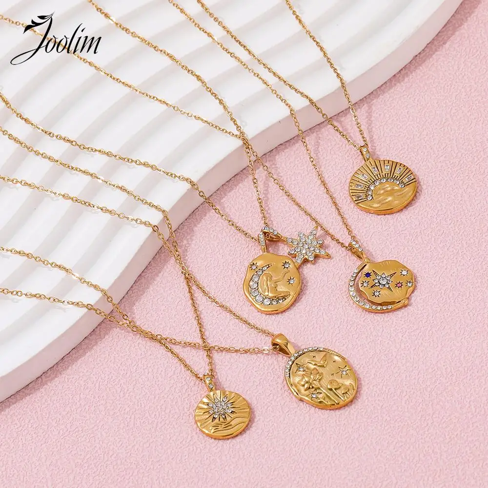 Joolim Jewelry Wholesale No Fade Elegant Vintage Crescent Star Sun Burst Zirconia Pendant Stainless Steel Necklace for Women