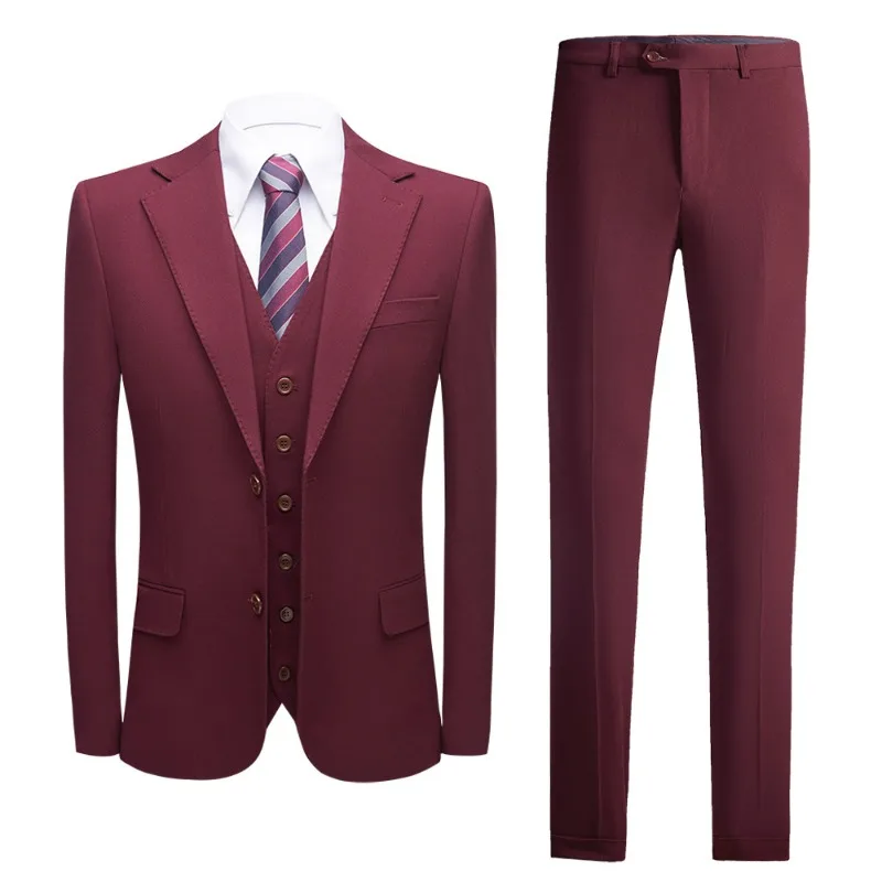 

KIDWHXR Suit Outfit Man Single-breasted Long Sleeve Blazer Male V-neck Vest Solid Color Pant Men Simple Slim Wedding 3-piece Set