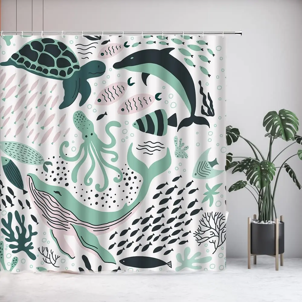 

Abstract Fish Shower Curtain Whale Turtle Dolphin Octopus Tropical Fish Animal Cartoon Print Bathroom Decoration Polyester Hooks