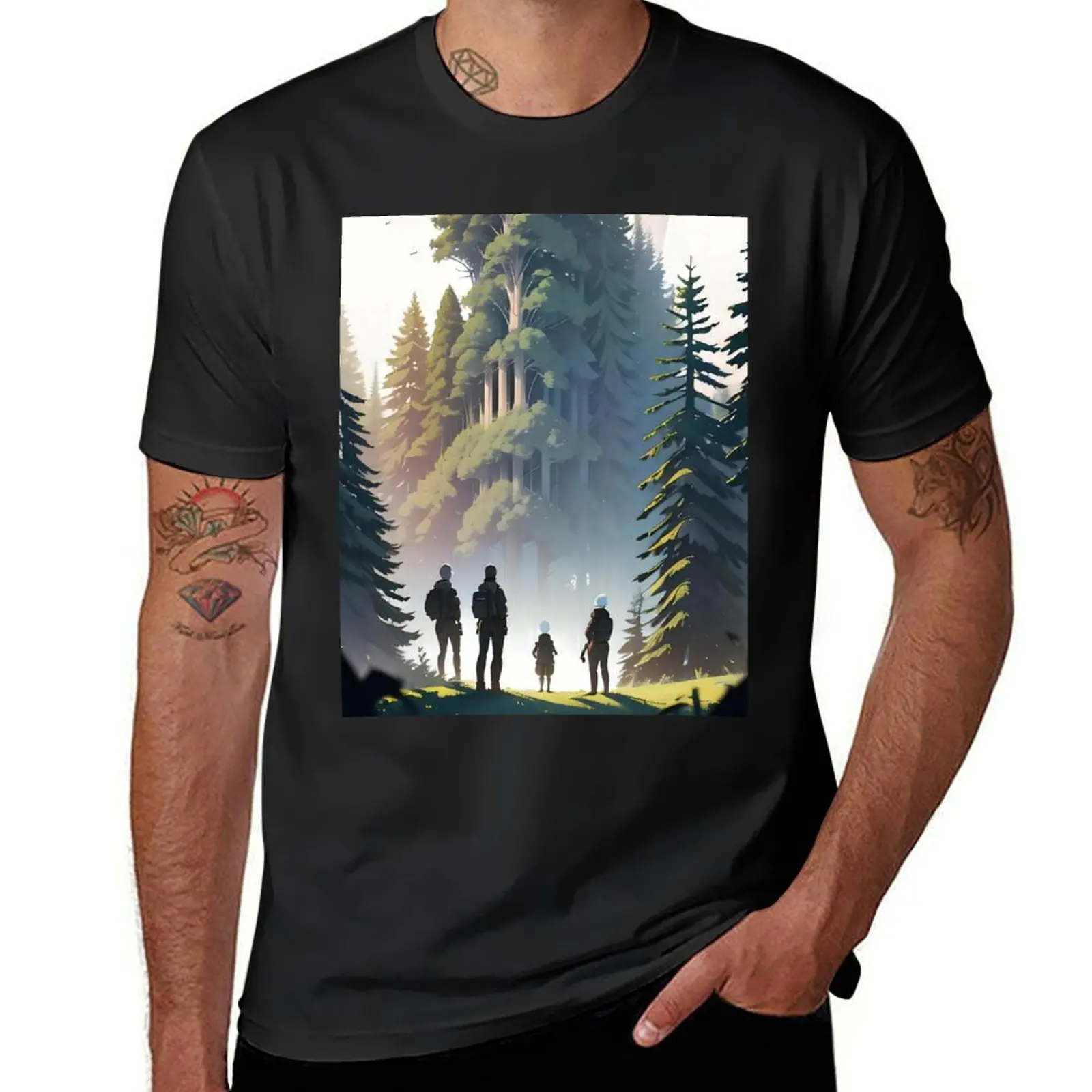 Mysterious Forest Expedition Towards Hidden Treehouse at Dawn T-Shirt summer top plain mens vintage t shirts