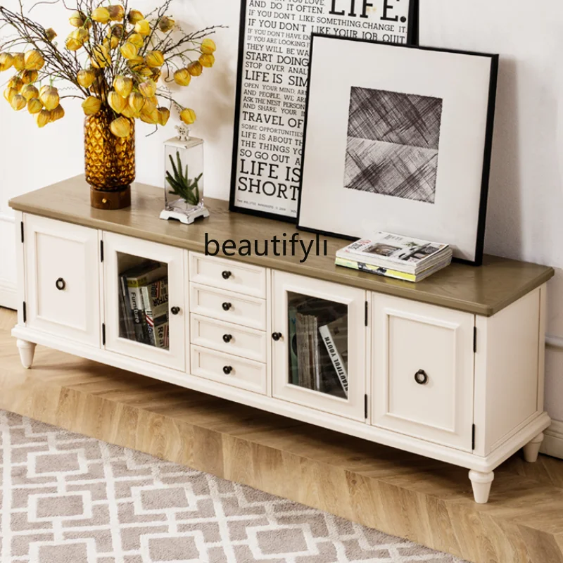 

American TV Cabinet Cream Style Solid Wood Living Room TV Stand Tea Table Combination