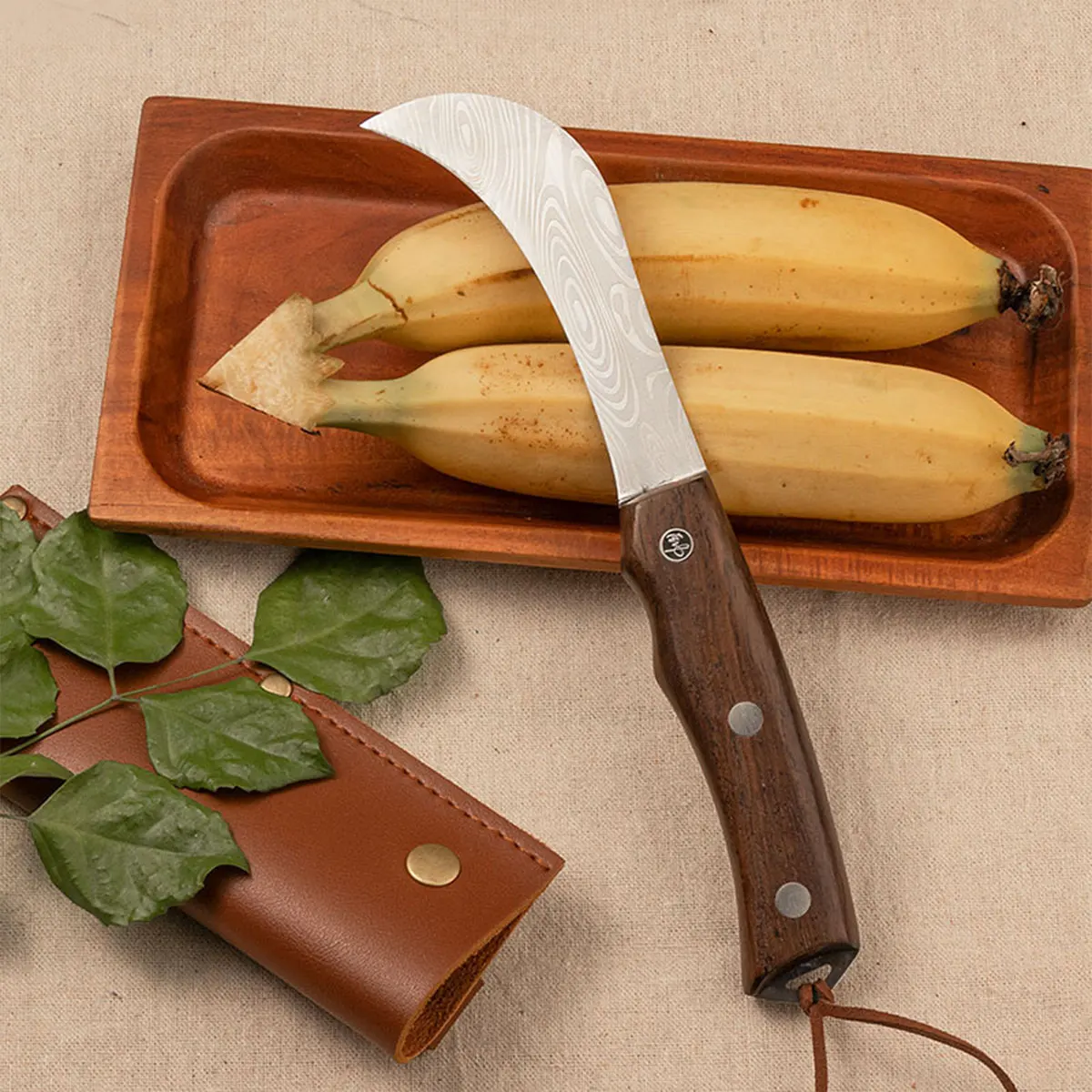 سكين شفرة منحنية دمشق، أداة تقطيع الموز الاحترافية وتقشير الفاكهة، منجل تقشير بمقبض من الخشب الصلب للمطبخ