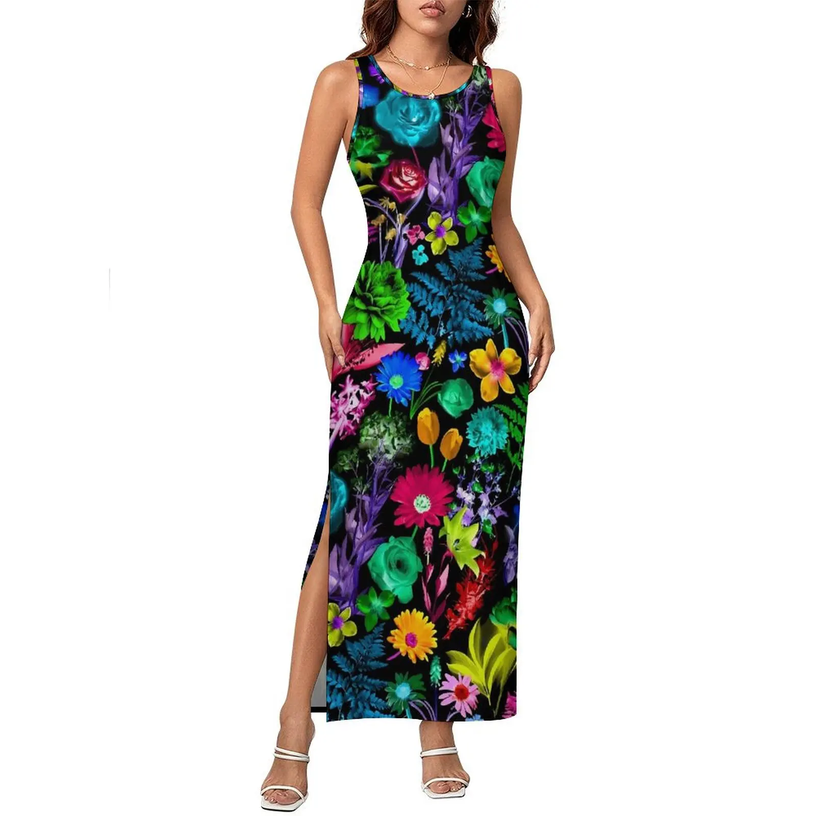 Colorful Floral Print Bodycon Dress Summer Glowing Garden Vintage Maxi Dresses Woman Sleeveless Y2K Fashion Dress Large Size