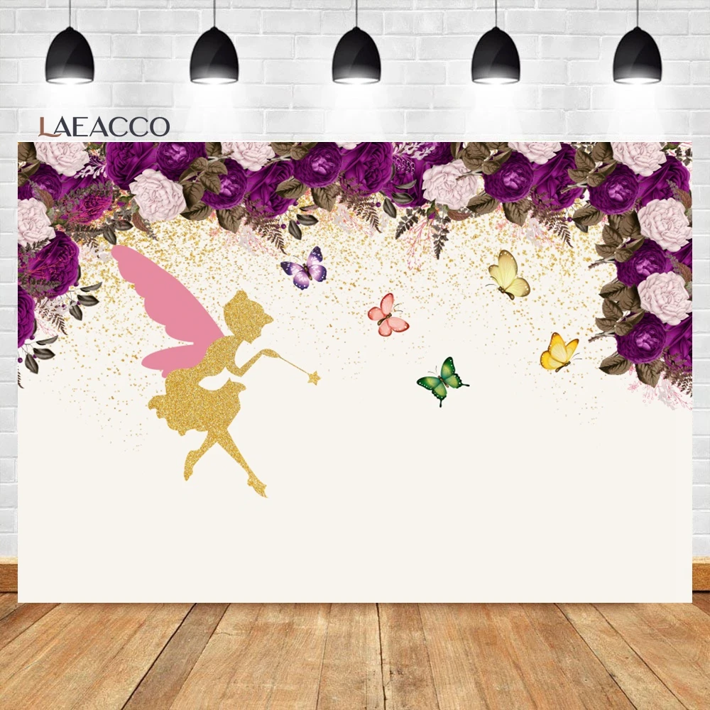 Laeacco Pink Fairy Tale Garden Elf Backdrop Watercolor Flower Butterfly Girl Birthday Portrait Customized Photography Background