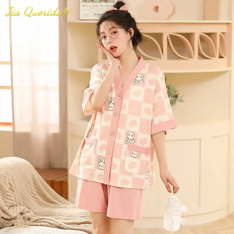 SUKAE Kimono Style Womens Pajamas Set Cool Modal M-5XL Nightwear Leisure Cartoon Sleepwear Girls Big Size Summer V-neck Homewear