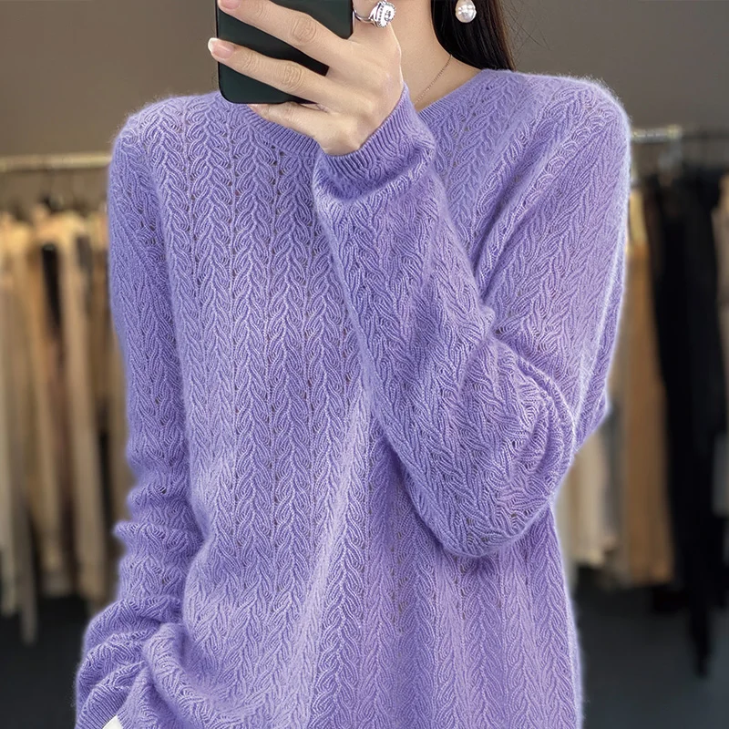 Fashion Women 100% Merino Wool Soft Sweater O-Neck Hollow Out Long Sleeve Pullover Autumn Winter Bottoming Jumper Knitwear Tops