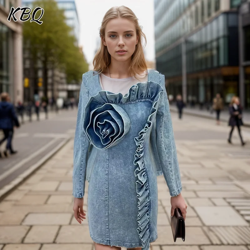 

KBQ Patchwork Appliques Slimming Denim Dresses For Women Square Collar Long Sleeve High Waist Sexy Mini Dress Female Fashion New