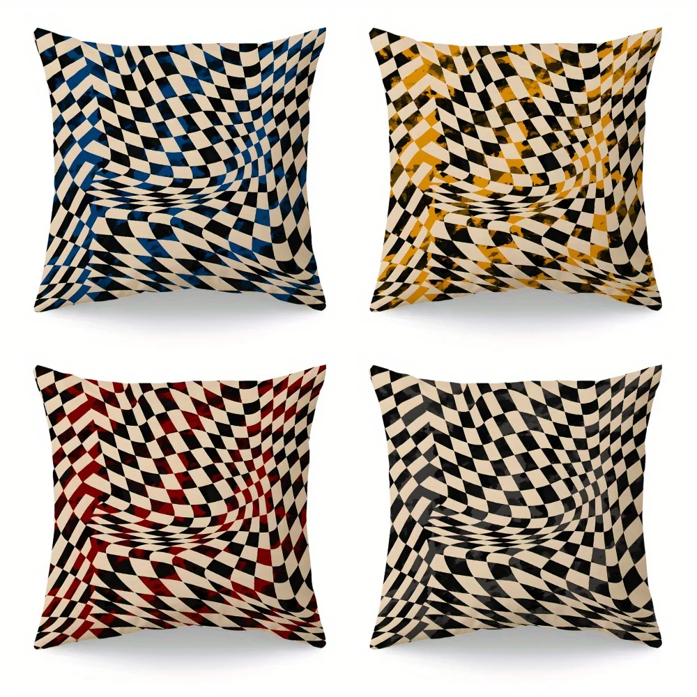 4pcs Stylish Twisted Chevron Pattern Throw Pillow Covers, Blue, Yellow, Red, Black Element Cushion Covers, Square Sofa Pillow Co