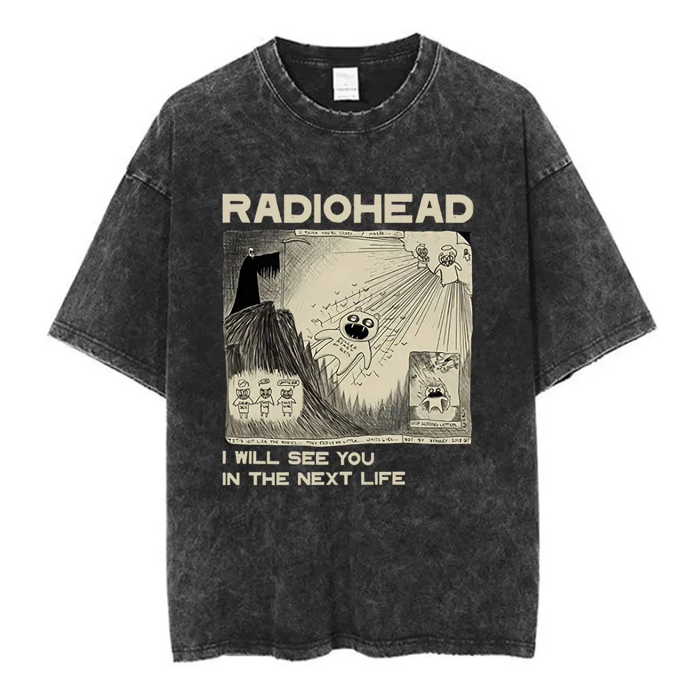 Radiohead Rock Band OK Computer Vintage Washed T-shirt Men Women Fashion Hip Hop T Shirts 100% Cotton Casual T-shirts Streetwear