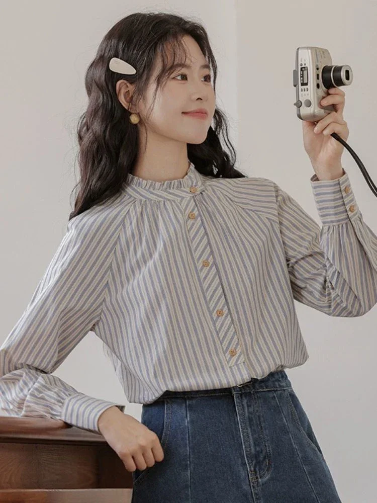 

Japanese Vintage Striped Long Sleeve Shirt Women Autumn New Sweet Ruffles Blouse Elegant Casual Female Retro All Match Tops