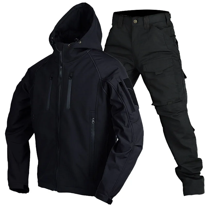 Military Soft Shell Sets Men Autumn Winter Shark Skin Waterproof Jackets+Multi-pocket Wear-resistant Cargo Pants NewTactical Set