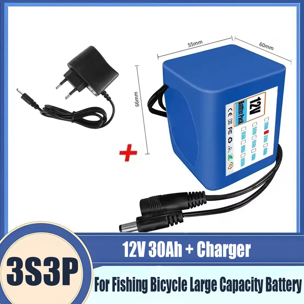30 Ач, 12 В, 18650, литиевая аккумуляторная батарея 3S3P с зарядным устройством BMS 12,6 В для рыбалки, велосипеда, аккумулятор большой емкости