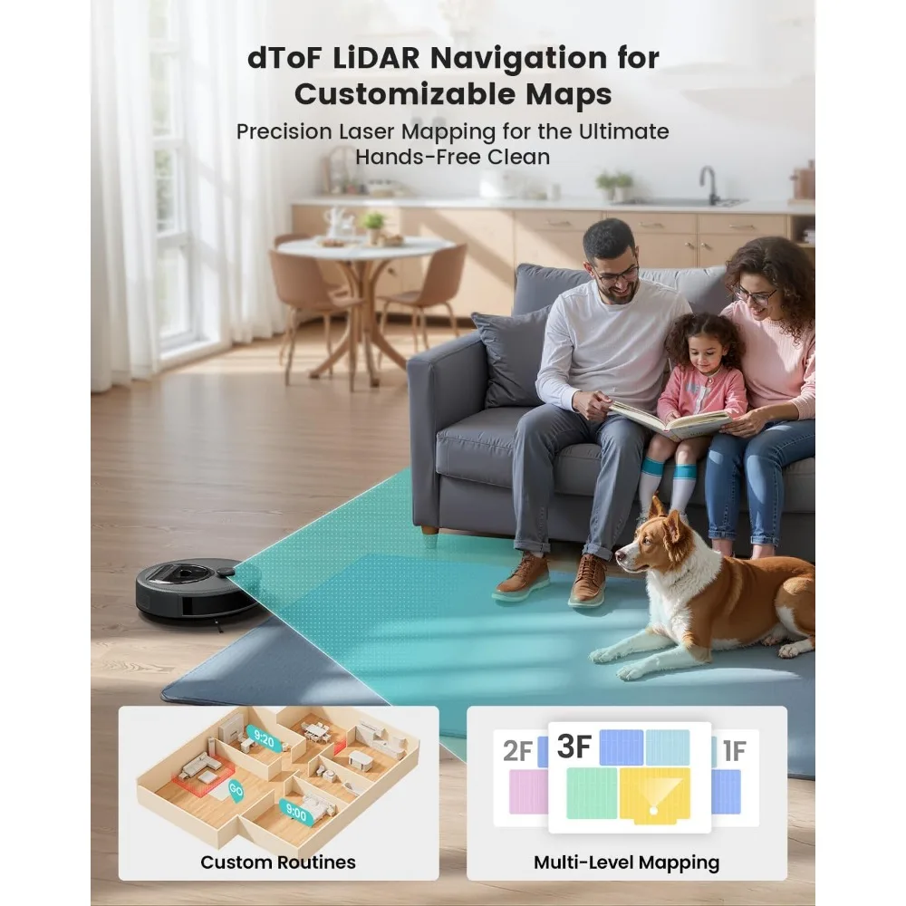 

Робот-пылесос и швабра LiDAR, модернизированный 190 ° PSD Предотвращение препятствий, сильное всасывание 5000 Па, картографирование нескольких этажей, время работы 150 минут