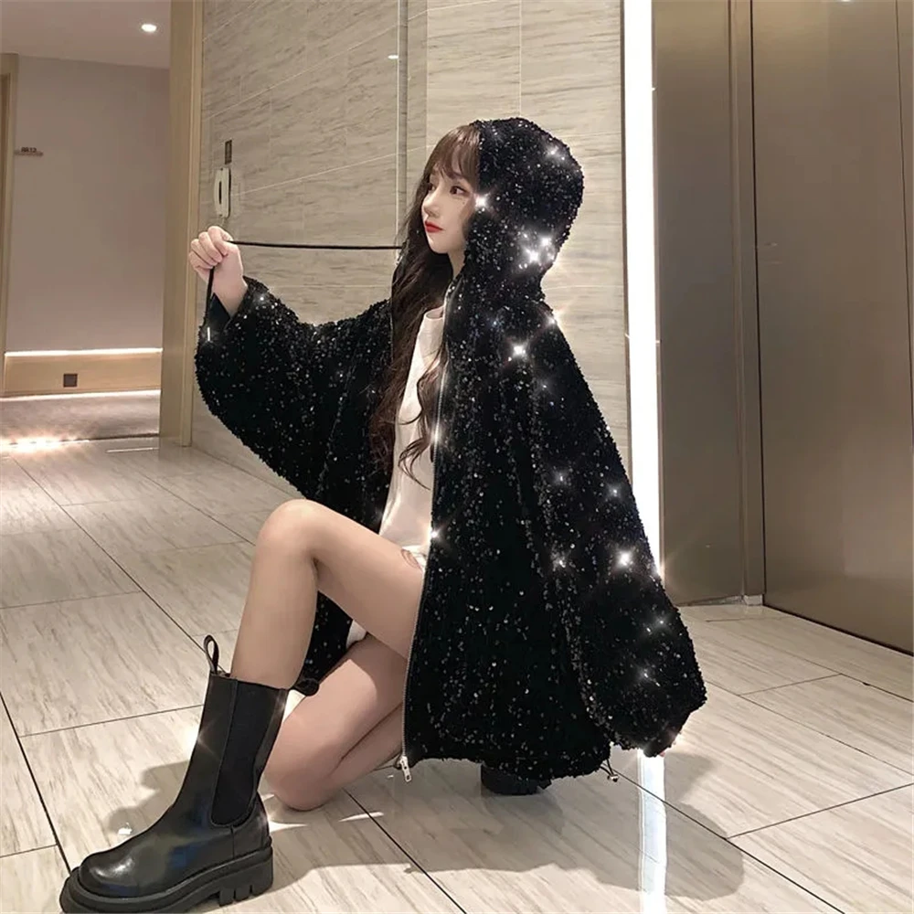 Manteau à capuche pour femme avec paillettes, polyvalent, ciel étoilé, vêtements de rue, nouvelle mode, printemps et automne, 2023