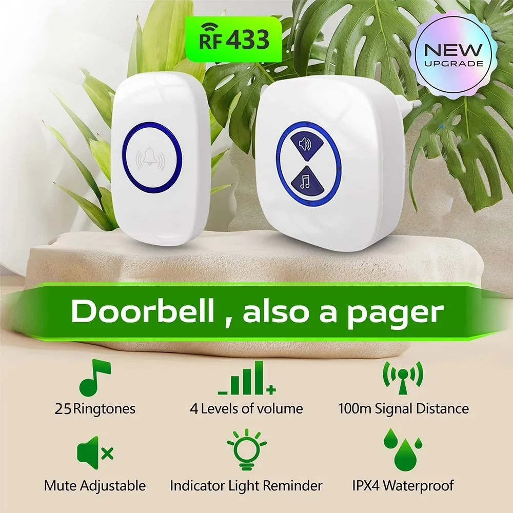 Wireless Doorbell Waterproof Door Chime Kit Welcome Chime Home Door Bell Intelligent 25 Songs Melodies Sound And LED