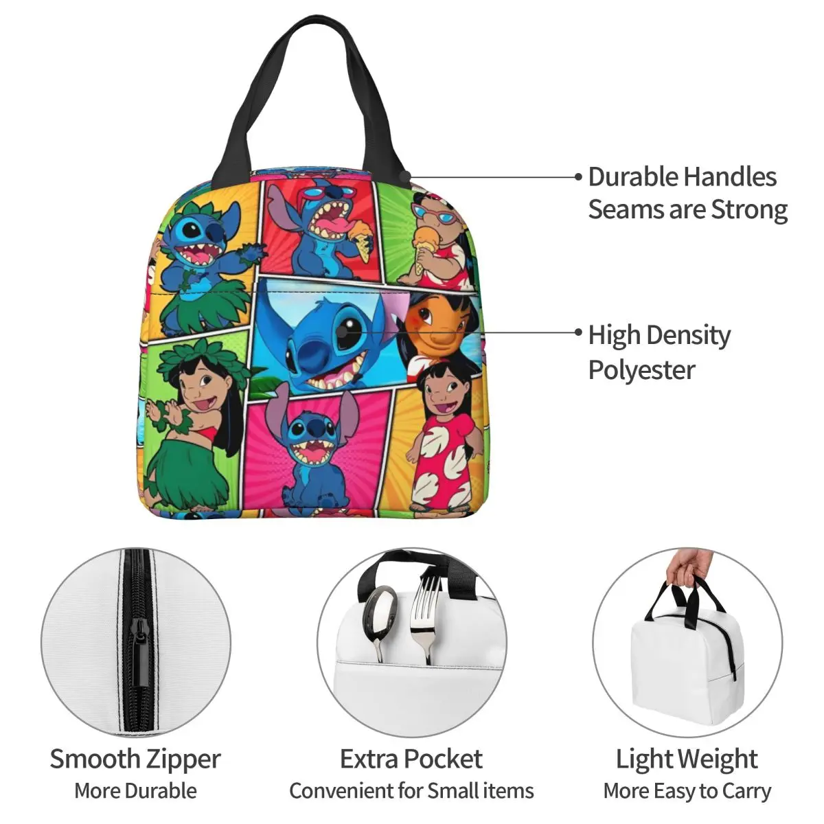 حقيبة غداء ليلو آند ستيتش للنساء، صندوق غداء، حقيبة تبريد للعمل الممتع، حقائب طعام أكسفورد معزولة محمولة