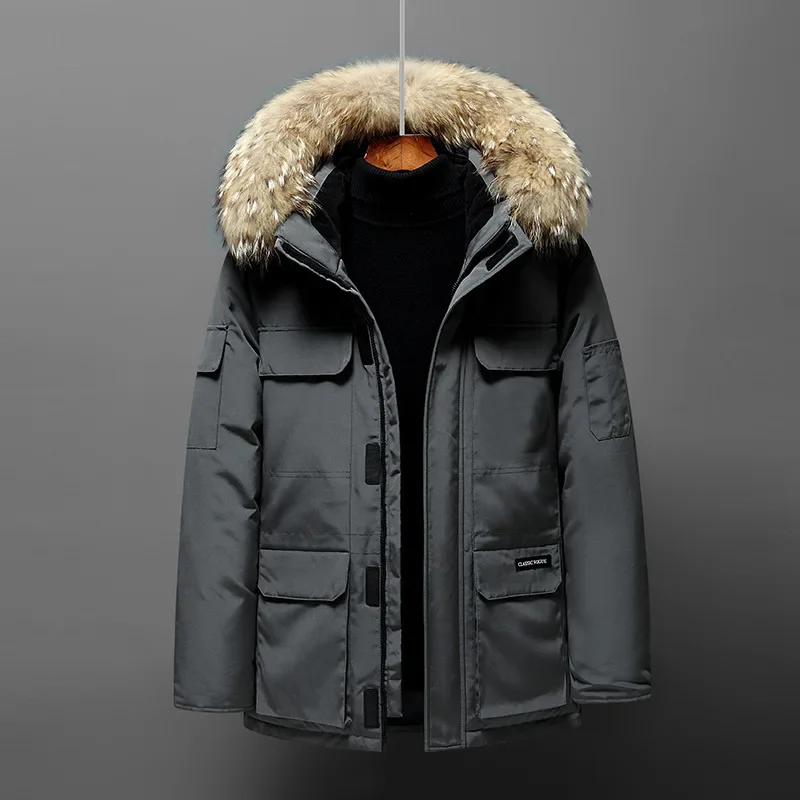 Heren Winter Wit Eend Donsjack Bontkraag Rits Warmte Donzen Jas Winddichte Capuchon Zakken Dikke Bovenkleding Herenjas