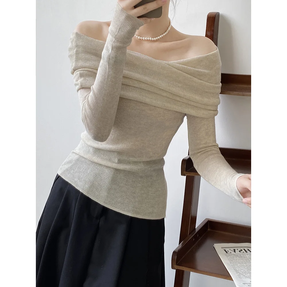 

Sweater Slash Neck Long Sleeve Soft Glutinous Pure Desire Knitted Shirt for Women 2023 Autumn New Design Sense Sweater Women