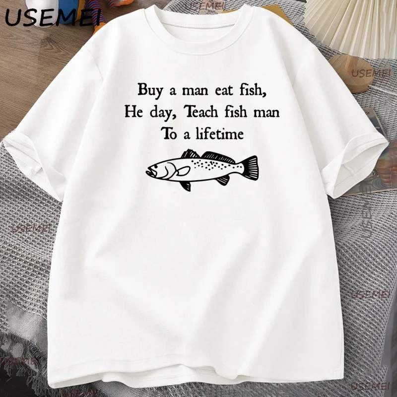 Funny Fish T-Shirt Buy A Man Eat Fish Meme Tee Fisherman Weird Tshirt Male Short-sleeve T Shirt Cotton Man Clothing Y2k Clothes