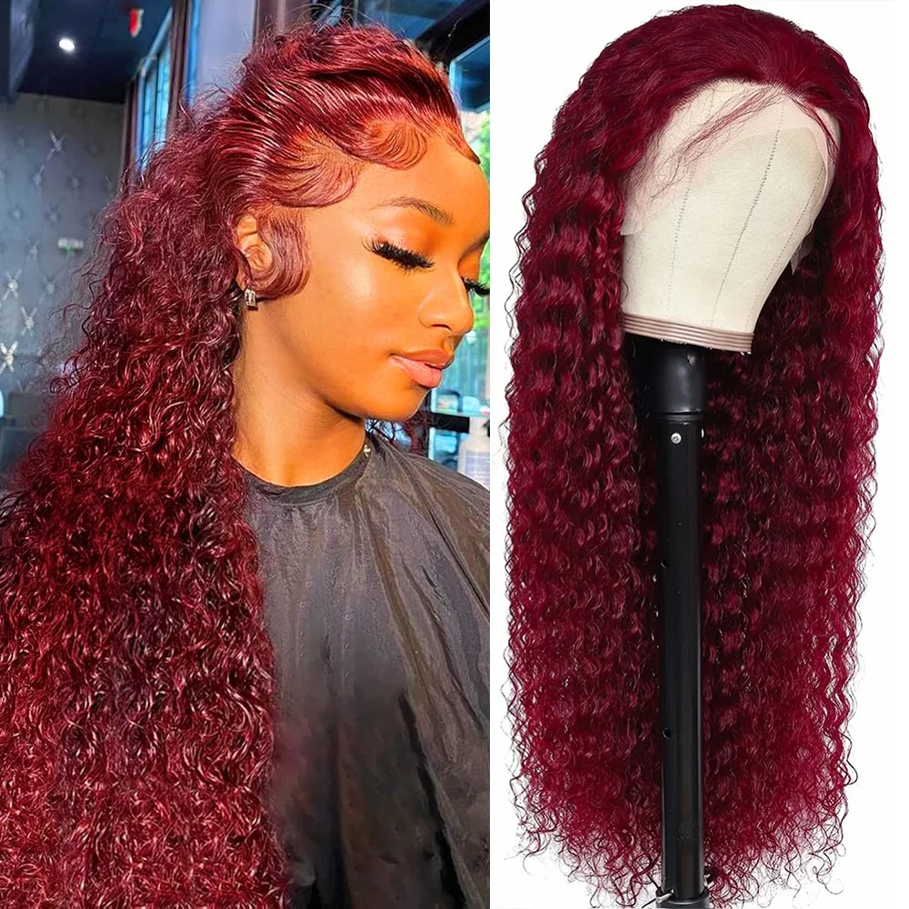 200 Density 13x4 13x6 Deep Wave HD Wigs Human Hair for Women Glueless Burgundy Deep Curly Lace Frontal Wigs Brazilian Hair Wigs