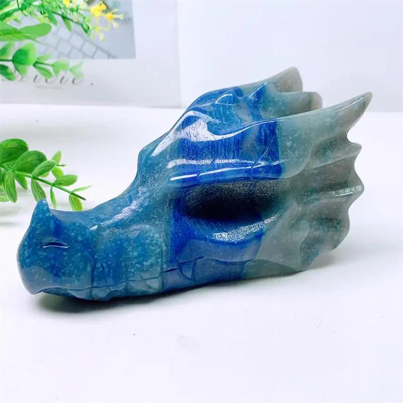 Natural Blue Aventurine Dragon Skull Carving Head Polished Animal Powerful Statue For Home Decoration Gift 1pcs