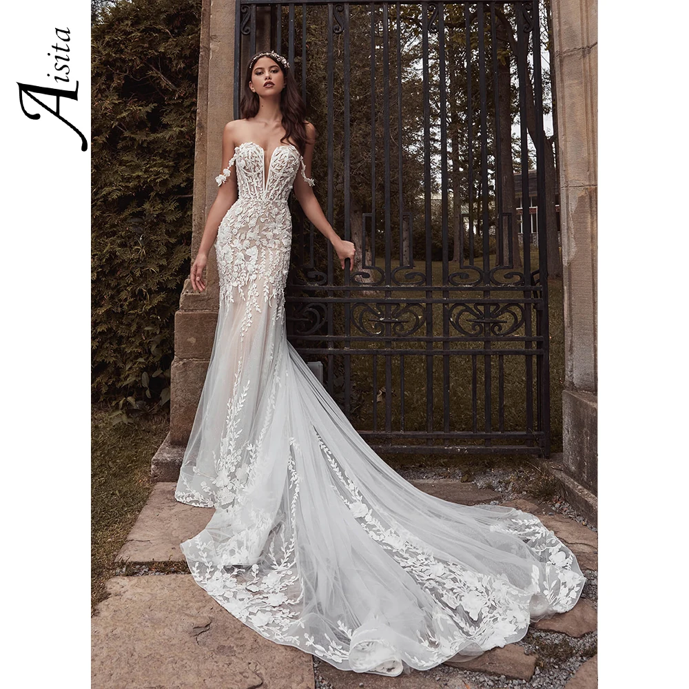 Romantic A-Line Wedding Dress 3D Lvory Lace Womens Dresses Off Shoulder Floral Straps Elegant and Pretty Women's Dresses Vestido