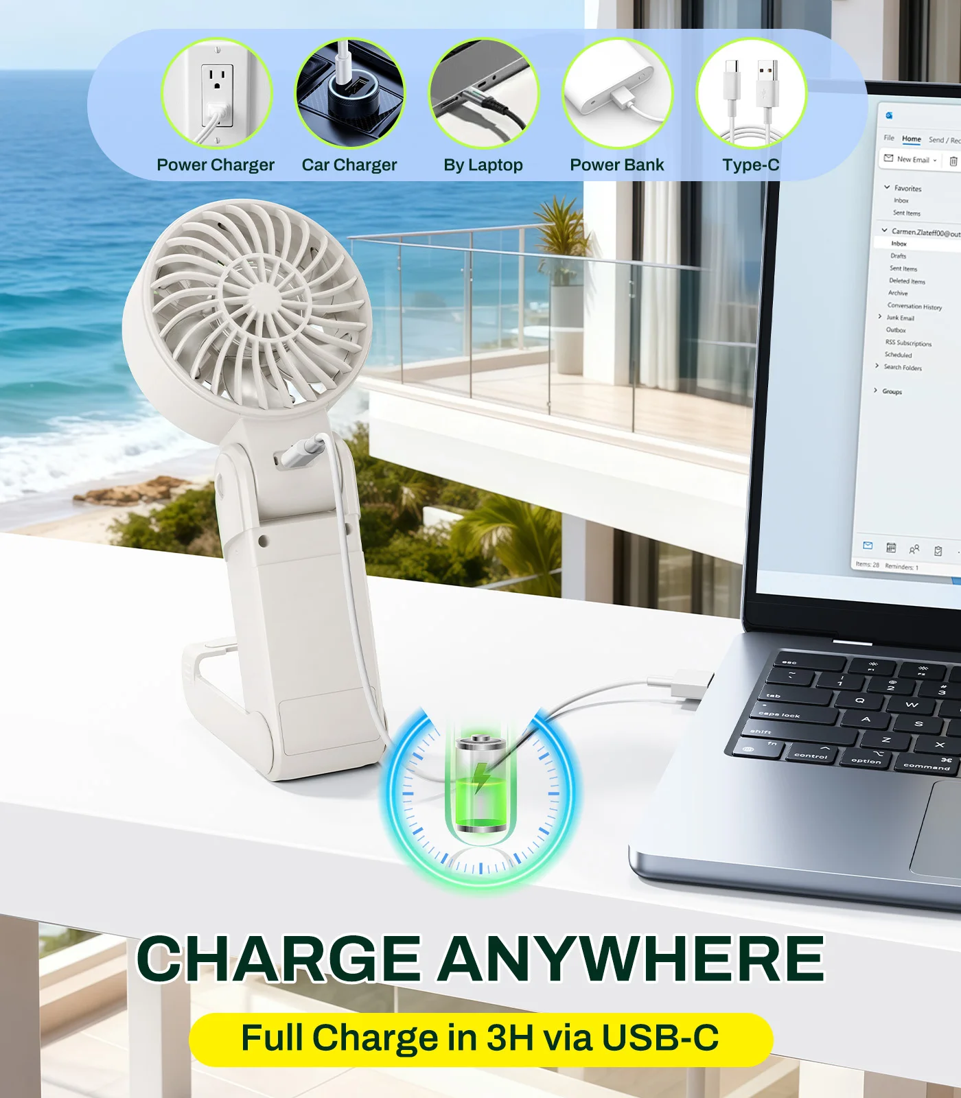 

Eary 3-in-1 Handheld Fan Rechargeable Foldable Fan LED Display Personal Small Fans with Lanyard Neck Fans for Travel,Outdoor