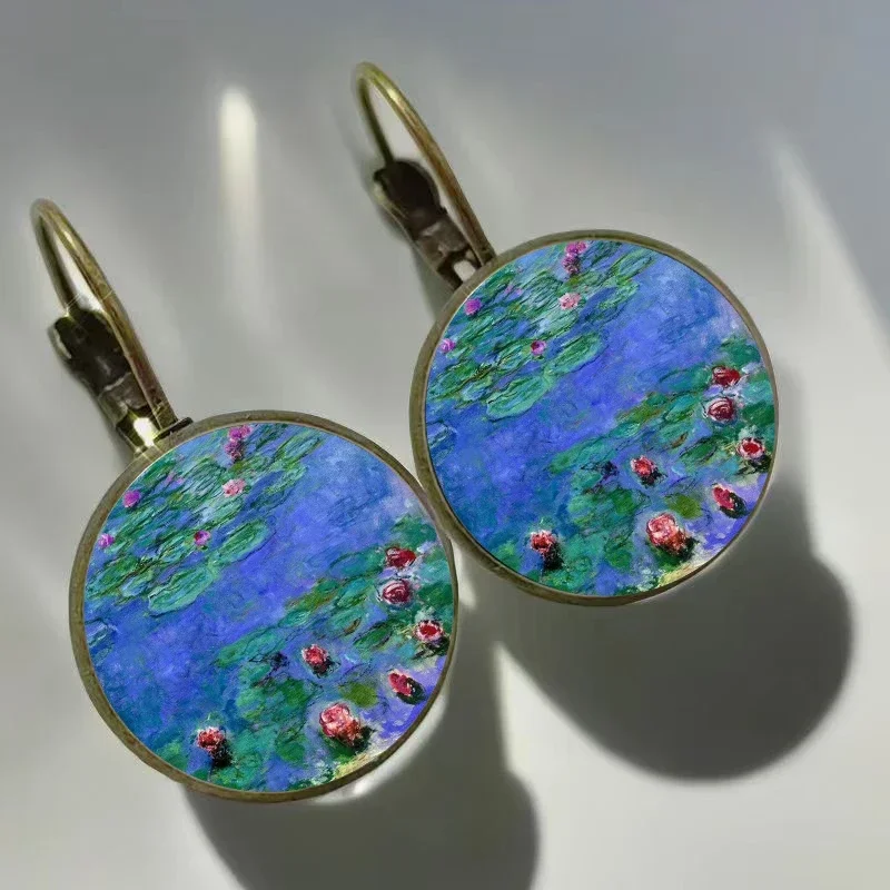 Monet Painting Earrings Monet Water Lily  Blue Oil Painting Art glass earrings Fashion Retro Women\'s Jewelry Earrings