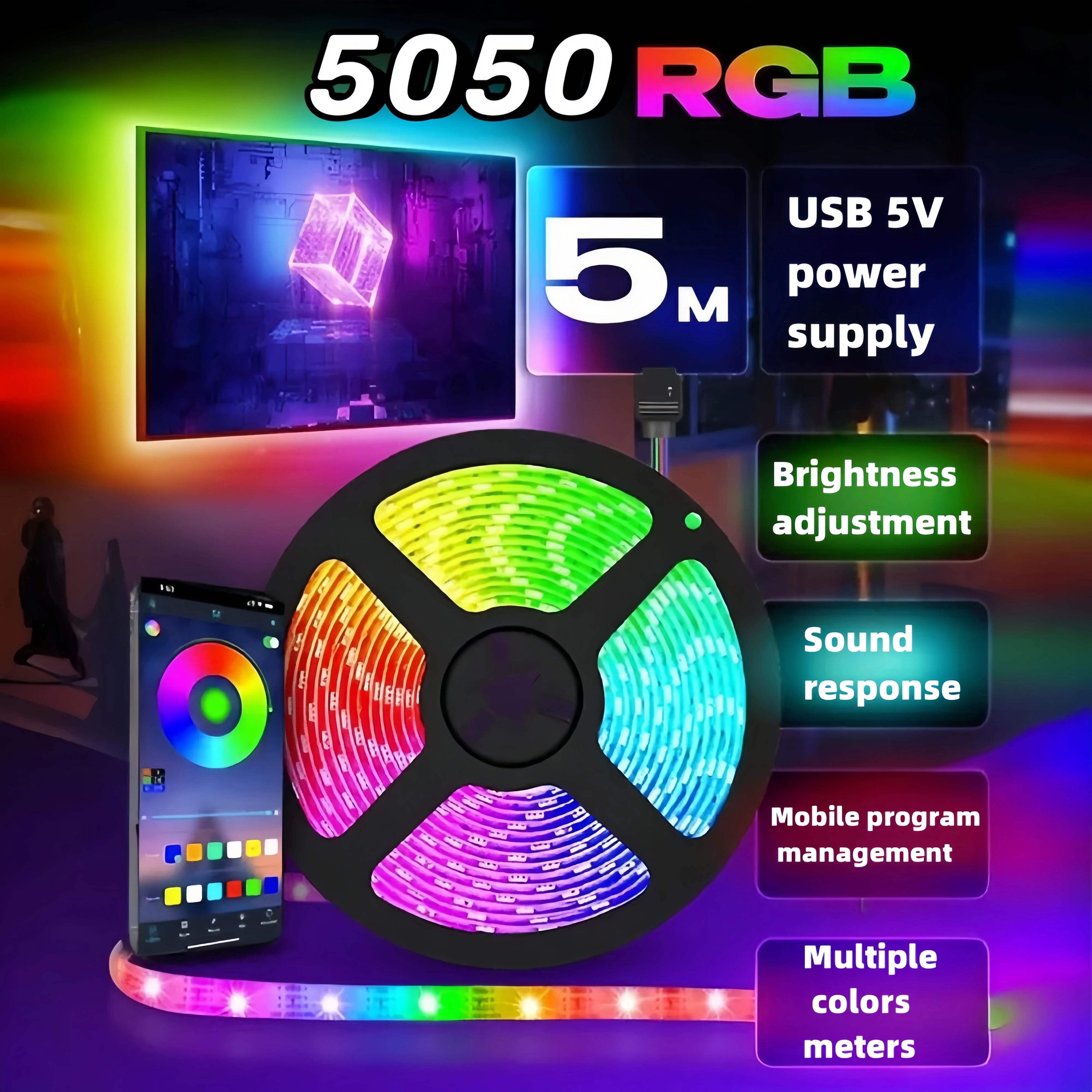 LEDストリップライト,寝室の装飾,rgb,usb,bluetooth,バックライト,パーティー,キッチン,テレビ,7重量/容積,5050, 1-20m