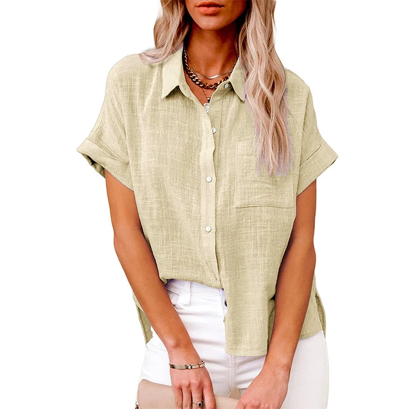 Damen-Hemd aus reinem Leinen, kurzärmelig, lässig, lockere Passform, Bluse, frischer, süßer Stil, Polyesterstoff, in mehreren Größen erhältlich – Detail 9
