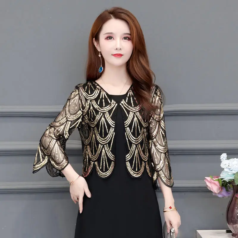 

Women's Spring Summer Floral Mesh Female Sunscreen Lace Shawl Cloak Sequin Shawl Clothing Sun Protection Clothing Loose YC690