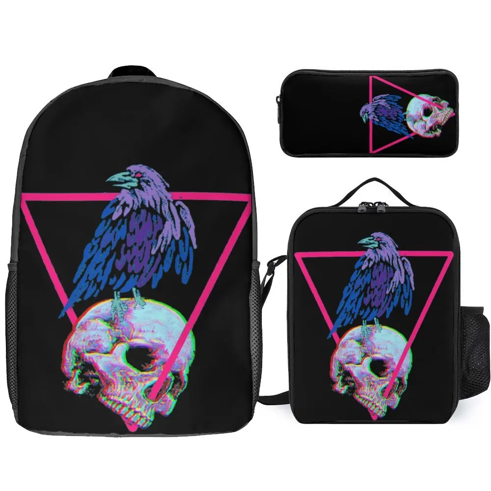 Synthwave Raven Skull Demon Slayer 9 Lasting Cosy Toothpaste 3 in 1 Set 17 Inch Backpack Lunch Bag Pen Bag Summer Camps Unique