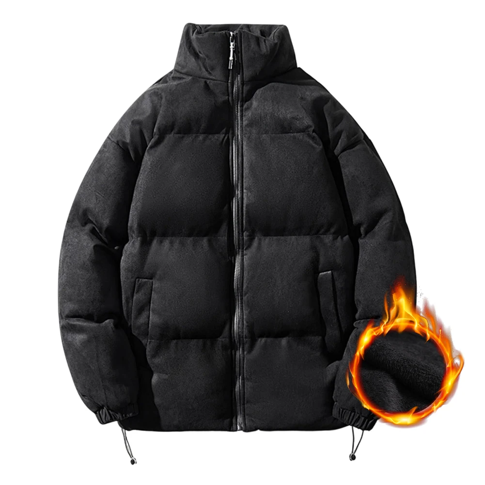 Men Parkas Stand Collar Drawstring Hem Suede For Jacket Oversize Warm Solid Coat