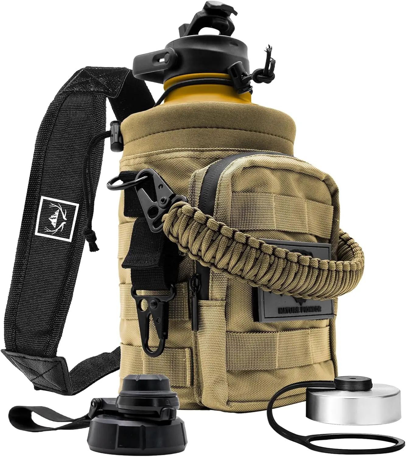 

64 oz Tactical Water Bottle Set, Stainless Steel Half Gallon Insulated with MOLLE Carrier for Outdoor Gym Hiking Camping