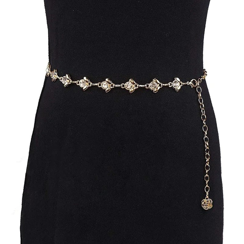 Fashionable Gold Color Metal Chain Belts Beautiful Shiny Rhinestone Ornament Dress Belts Woman's Belt