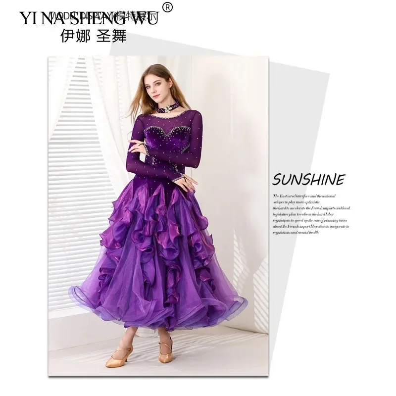 Modernes Damen-Ballsaal-Tanzkleid mit langen Ärmeln, lila Samt, Walzer, Flamenco-Performance-Kostüm für Wettbewerbskostüm