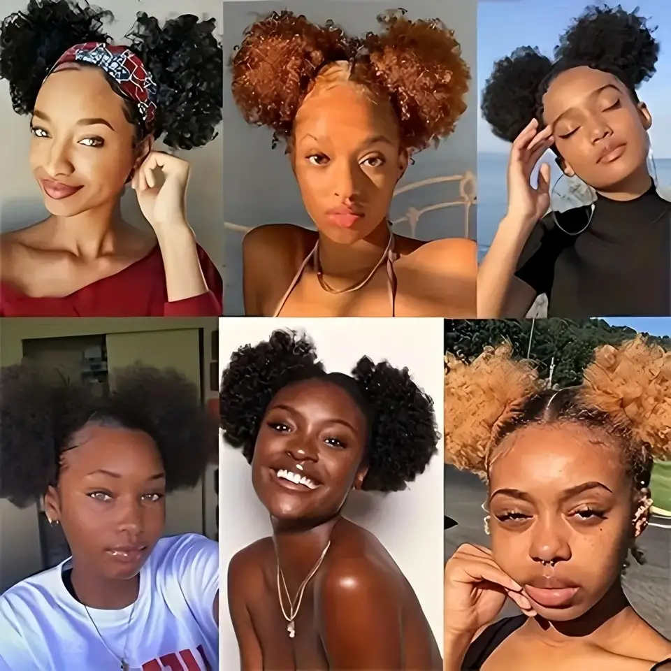 Moño y coleta de cabello humano brasileño afro kinky, rizos cortos, con cordón, color negro natural 6