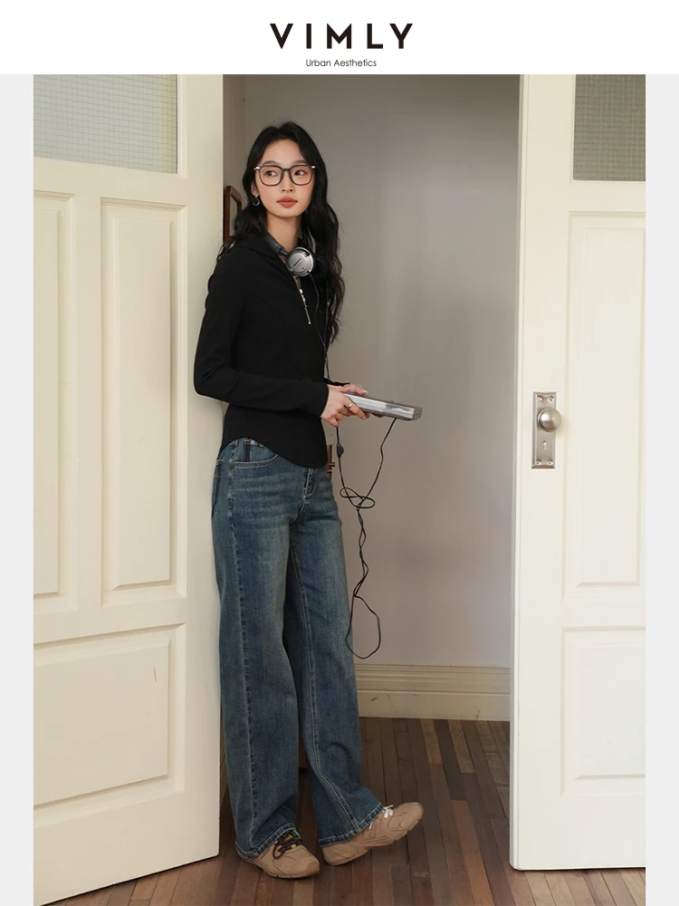 VIMLY Black Hoodies for Woman Hooded Sweatshirt 2025 Spring Women's Long Sleeve Top Half Zipper Pullover Female Clothes A1022