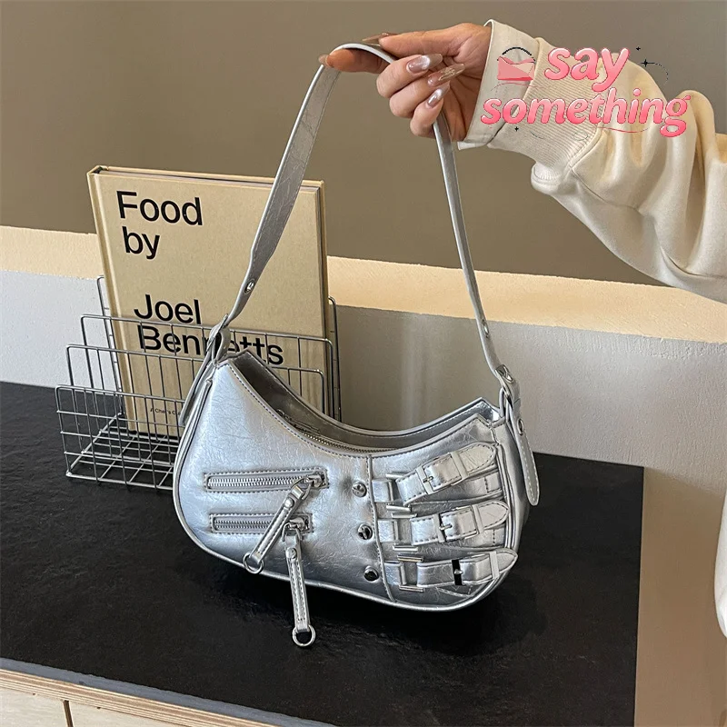 Women Fashion Motorcycle Bag PU Leather Shoulder Bag Large Capacity Underarm Designed Handbag Portable Y2k Trendy Handbag