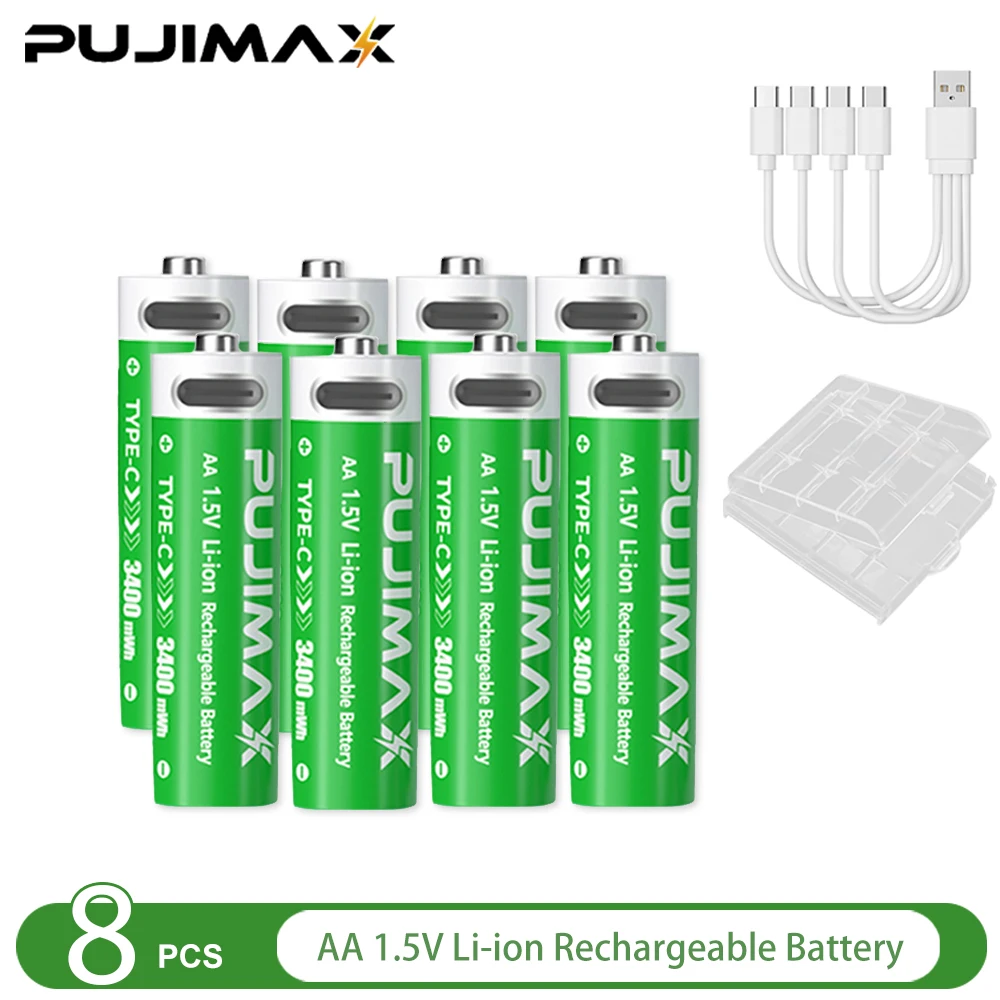 PUJIMAX 1,5 V AA en AAA oplaadbare lithiumbatterij 3400 mWh/1100 mWh, Type-C-poort Opladen worden hergebruikt 1500 keer voor wekkers