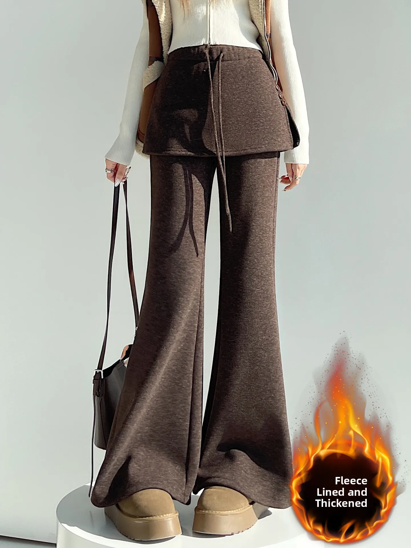 Khaki Fce Lined Wide Leg Pants Women Winter Thiened Camere Sports Pants High Waist Elastic Waisand Casual Trousers