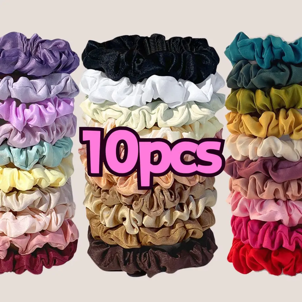 

10pcs/pack Women Skinny Scrunchies Colorful Elastic Hair Band Girls Hair Accessories Satin Silk Simple Hair Ties Ponytail Holder