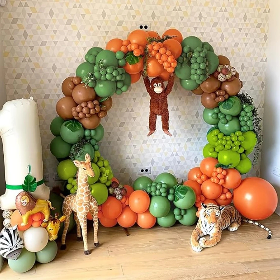 115-Piece Set of Safari Jungle Balloon Arch Set, Green and Brown Animal Balloon Garland Set, with Deer Pattern Balloons, Suitable for Birthday