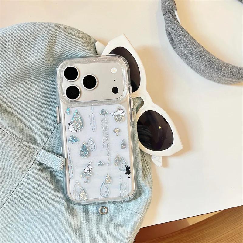 Glitter Water Drop Cat Clear Phone Case For iPhone 17 16 15 Pro Max Shockproof Transparent Soft Cover With Wrist Strap Charm New