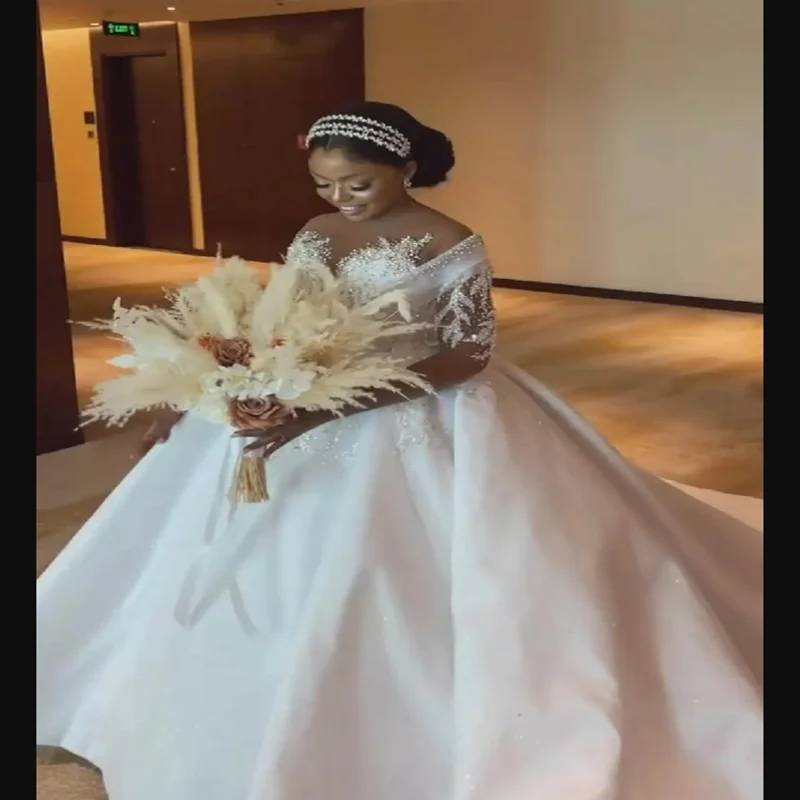 Robe De mariée personnalisée, col transparent, perles brillantes, Illusion De mariée, manches longues, Robe De bal africaine