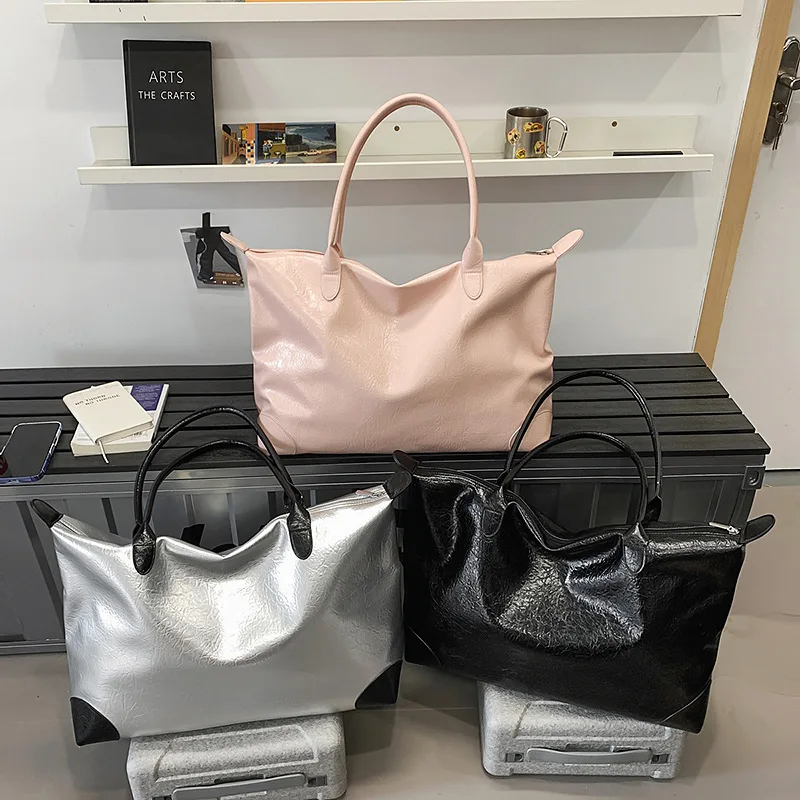Tote Bag Polyester Wax Texture Large Capacity Shoulder Style Tote Bag Simple Wrinkle Commuter Handbag Daily Travel Versatile
